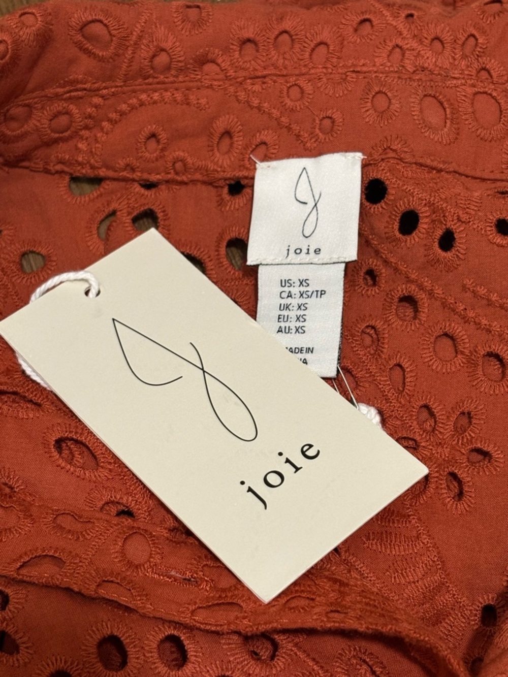 Joie Eyelet Lace Button Front Blouse Rust Orange Cotton Boho XS NWT - Picture 4 of 7